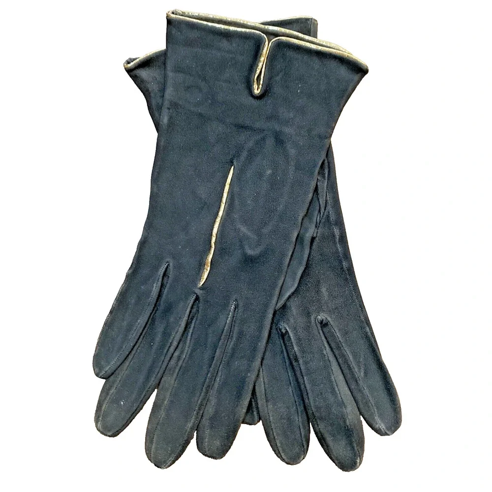 Vintage Black Suede Ladies Dressy Wrist Gloves Gold Metallic Trim Mid Century